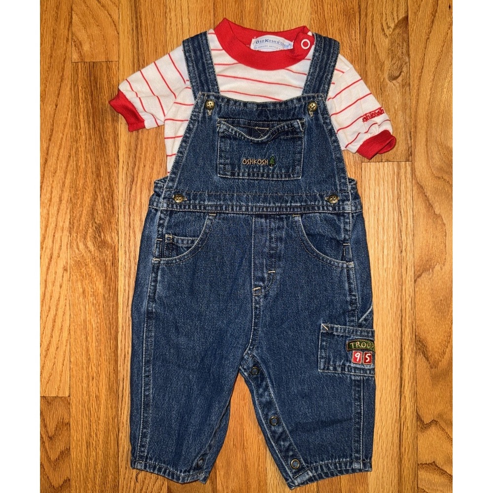 Vintage USA Striped Shirt Oshkosh overalls Baby Outfit TROOP size 3/6 Months
